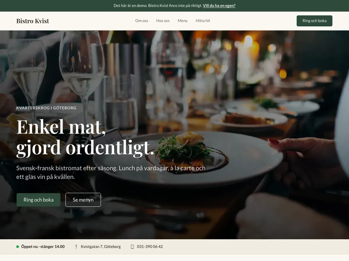 Demorestaurangen Bistro Kvist i en webbläsare